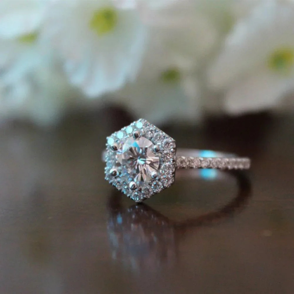 *NEW 925 Sterling Silver Diamond Hexagon Halo Ring